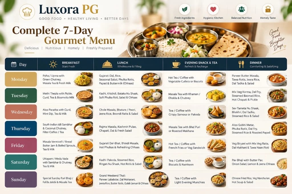 Luxora PG Complete 7-Day Gourmet Menu - Breakfast, Lunch, Evening Snack & Tea, Dinner
